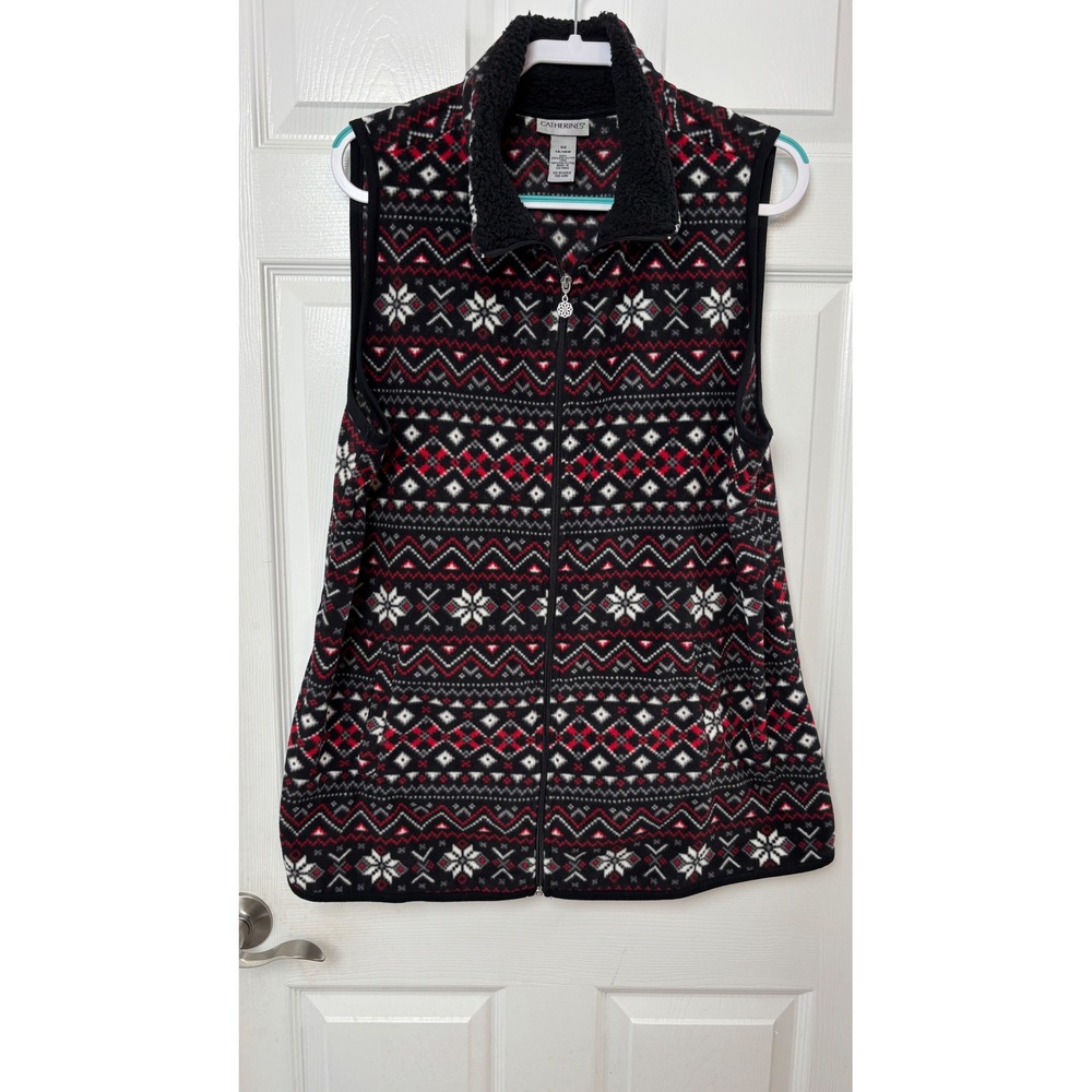 Catherines Womens 0X 14/16W Fleece Vest Fair Isle Snowflake Sherpa Collar Red